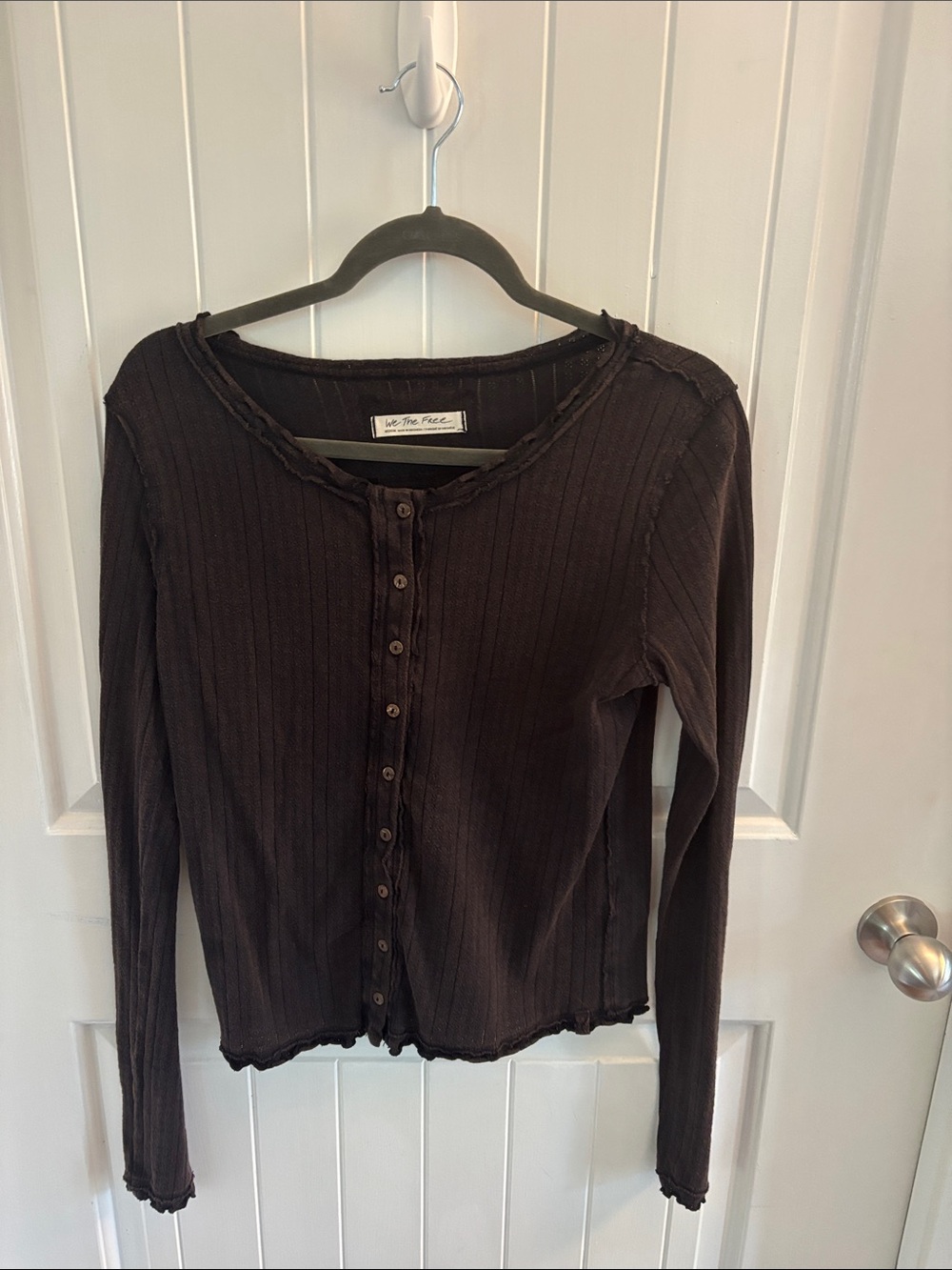 We The Free Black Ribbed Button-Front Long Sleeve Top